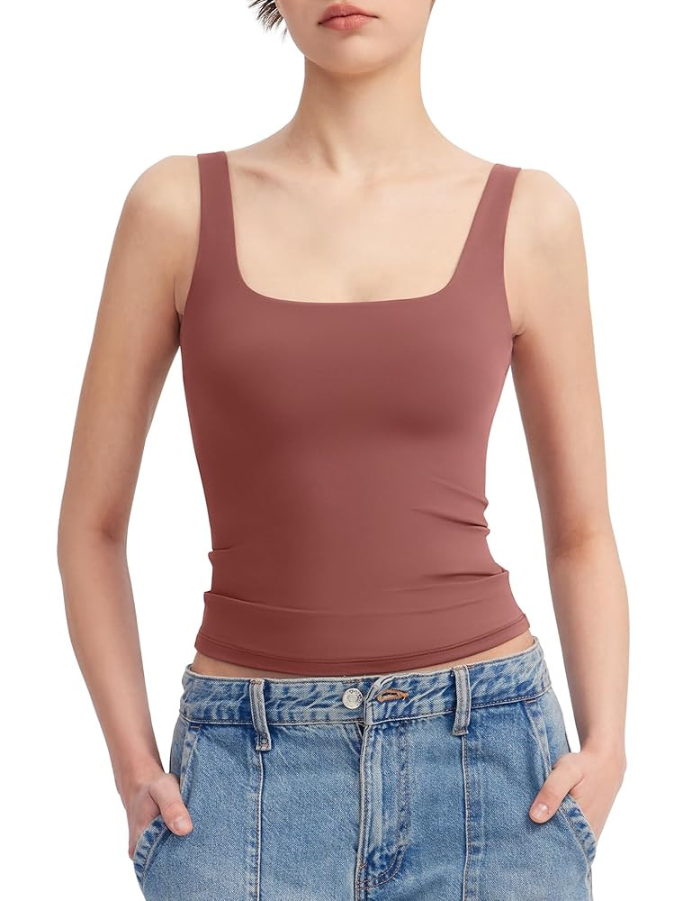 PUMIEY Women's Square Neck Tank Top Sleeveless Double Lined Basic Tops Sharp Collection | Amazon (US)