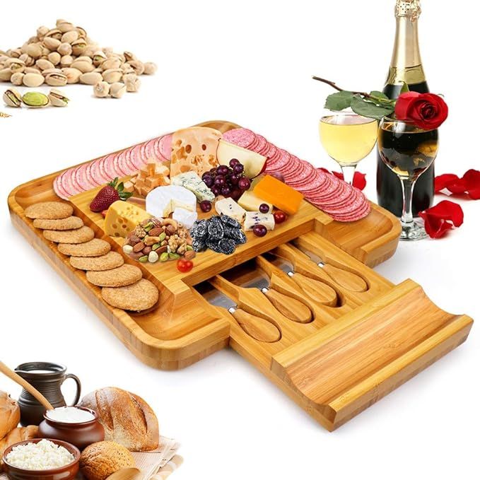 Bamboo Cheese Board Set With Cutlery In Slide-Out Drawer, Charcuterie Platter and Serving Meat Bo... | Amazon (US)