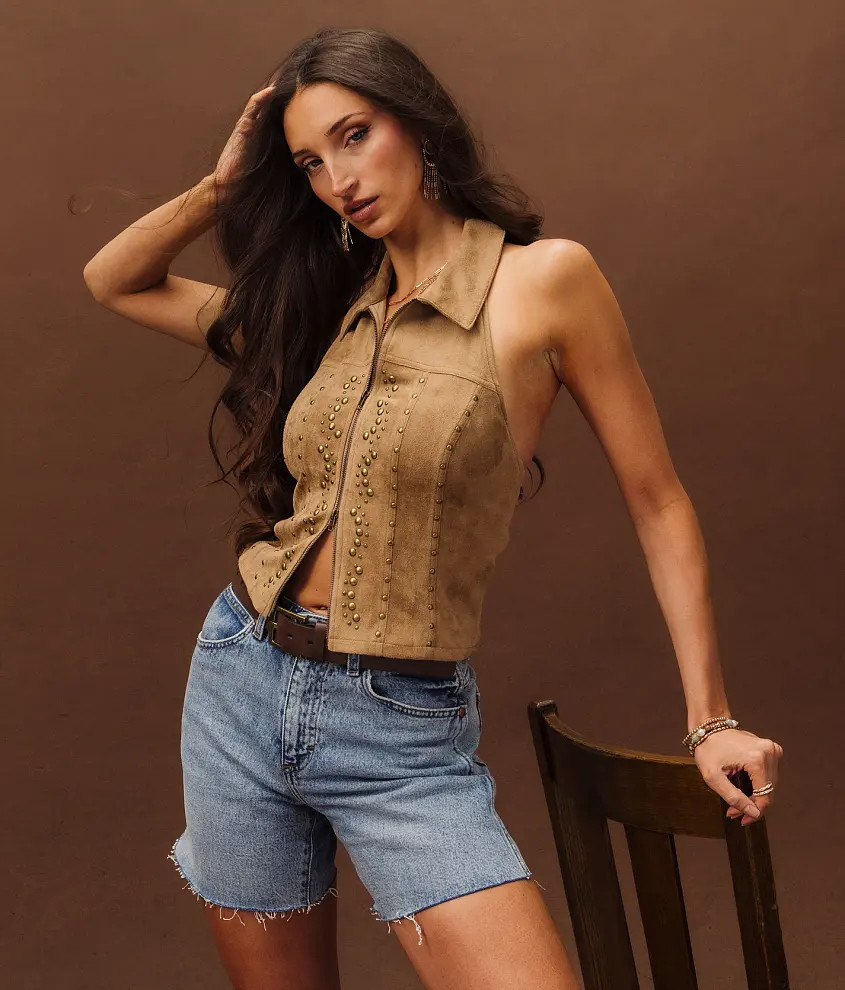 Studded Faux Suede Halter Tank Top | Buckle