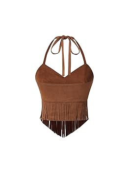 Women's Y2K Fringe Halter Western Cowgirl Tie Tank Top Tassel Rivet Faux Suede Hippie Crop Top 70... | Amazon (US)