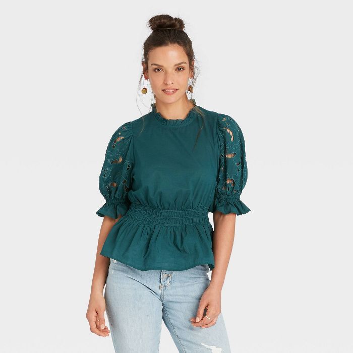 Women&#39;s Puff Short Sleeve Eyelet Peplum Top - Universal Thread&#8482; Dark Green XS | Target