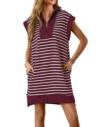 Wenrine Womens Striped Mini Dress Casual Zipper V Neck Cap Sleeve Collared Loose Summer Knit Dresses Burgundy | Amazon (US)