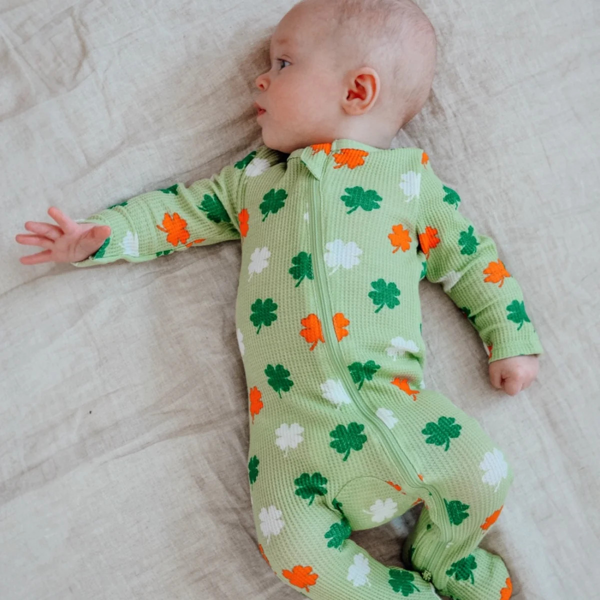 Organic Waffle 2-Way Zip Footie, Green Clover | SpearmintLOVE