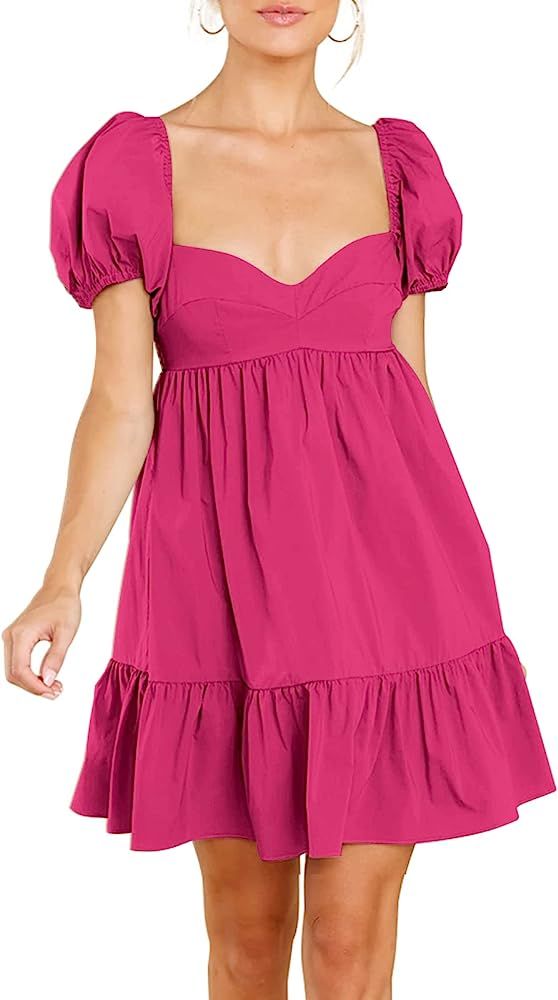 BELONGSCI Women's Summer Cute Dress Sweetheart Neckline Puff Sleeve Ruffle A-Line Casual Loose Fl... | Amazon (US)