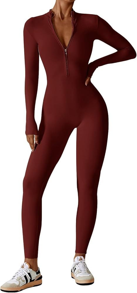 ECUPPER Women Long Sleeve Bodycon Jumpsuits Workout Zip Up Unitard One Piece Full Bodysuits Sexy ... | Amazon (US)