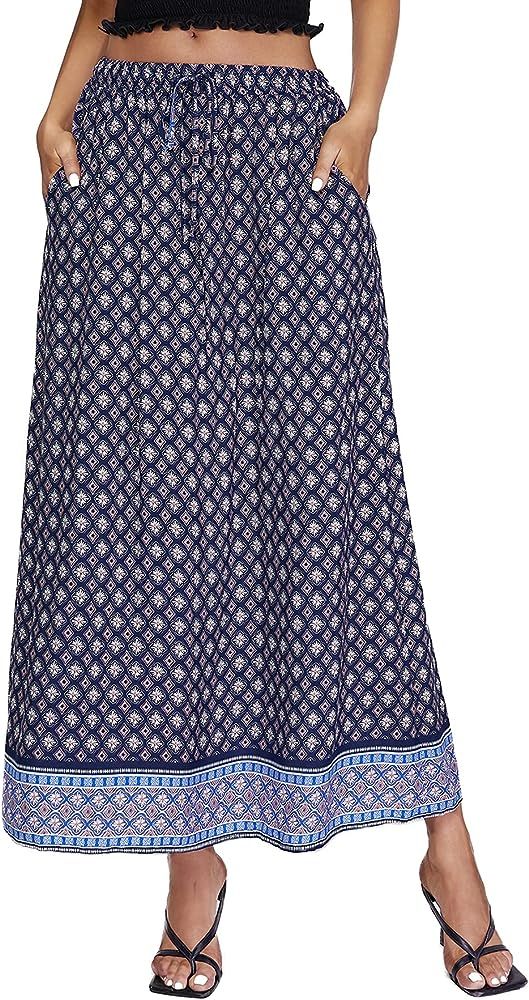 Milumia Women's Boho Vintage Print Pockets Side A Line Maxi Skirt | Amazon (US)