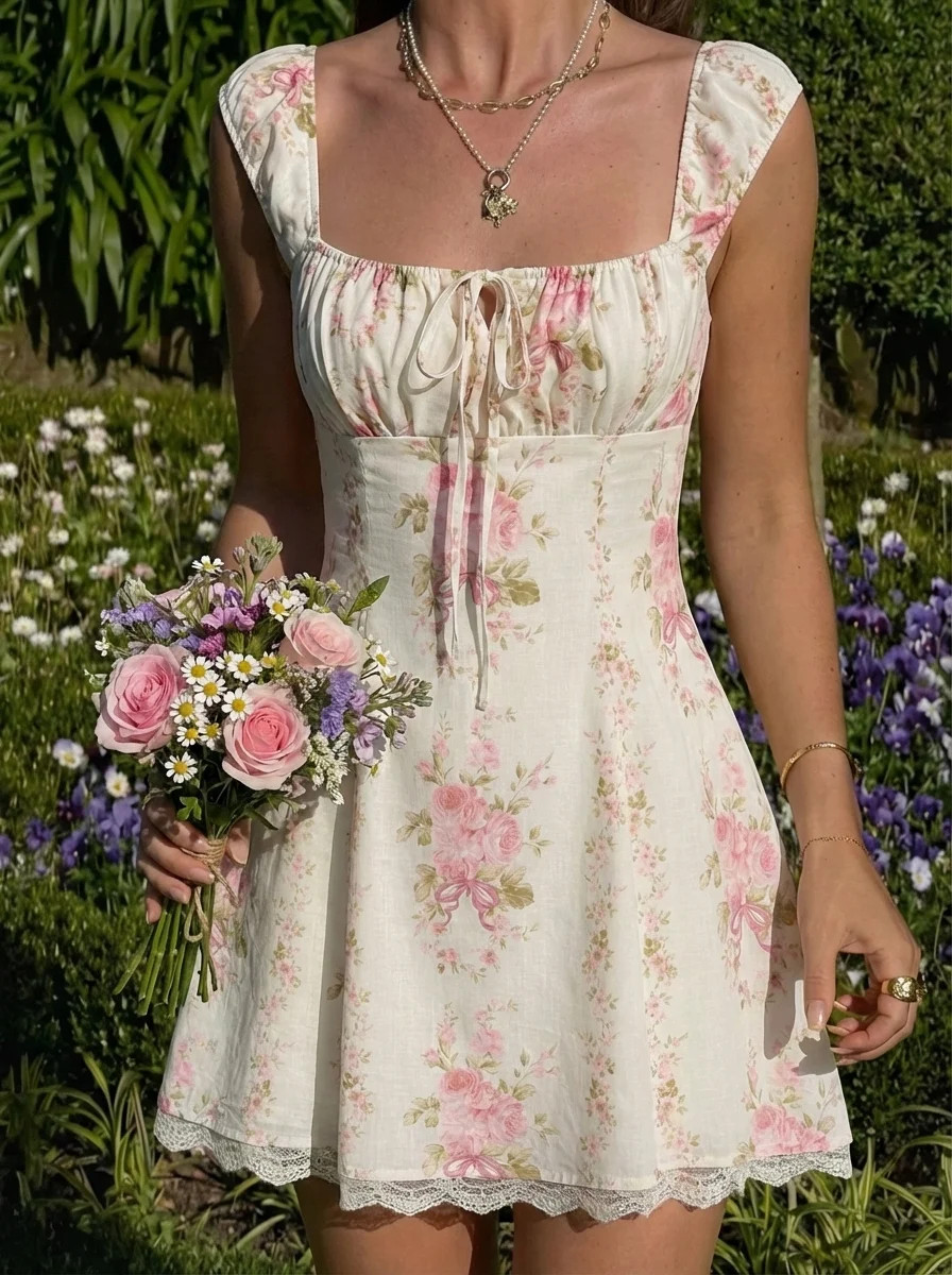 Square Neck Floral Knotted Mini Dress | Cider