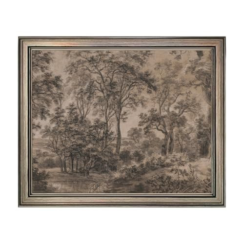 Antique Moody Watercolor Landscape Painting Vintage Framed Neutral Dark Brown Woodland Print Artwork for Living Room Bedroom Bathroom Home Office Decor | Amazon (US)
