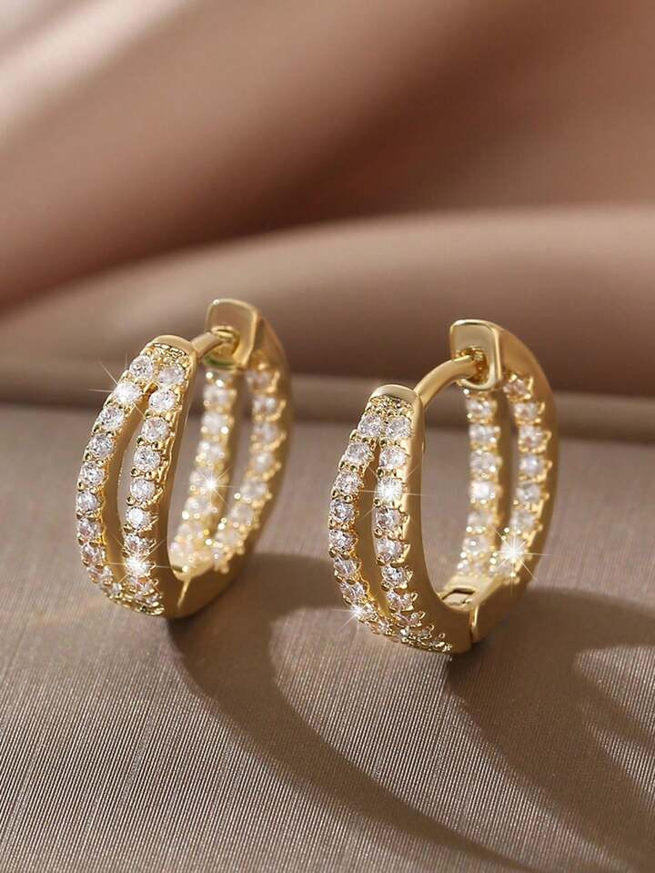 1pair Luxurious Copper & Rhinestone Inlaid Geometric Double Circle Earrings, Perfect For Date | SHEIN