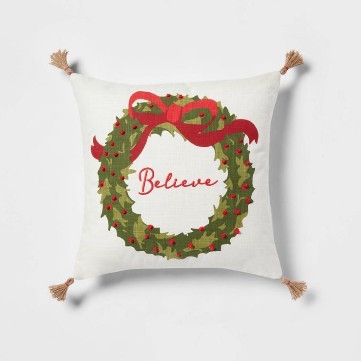 Believe' Wreath Square Christmas Throw Pillow with Tassels Ivory - Threshold™ | Target