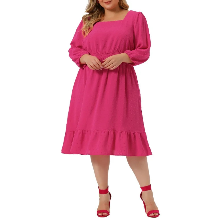 Agnes Orinda Women's Plus Size Smock Waist Swiss Dots 3/4 Sleeves Midi Dress | Walmart (US)