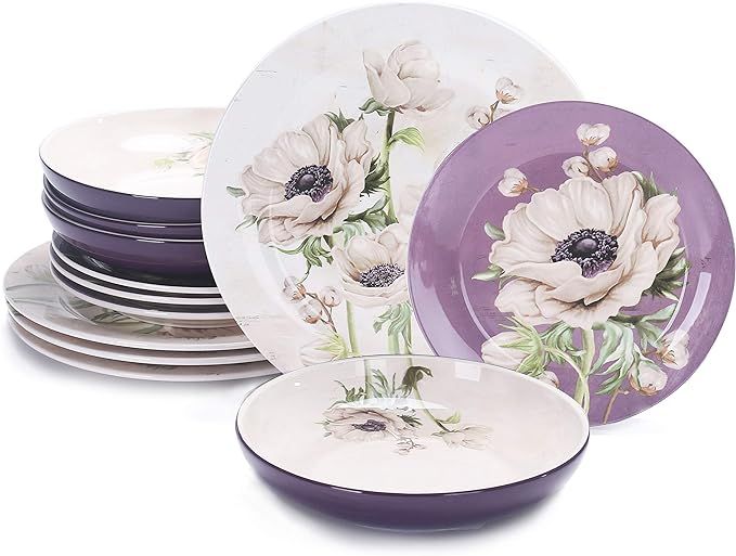 Bico Purple Poppy Ceramic 12 pcs Dinnerware Set, Service for 4, Inclusive of 11 inch Dinner Plate... | Amazon (US)