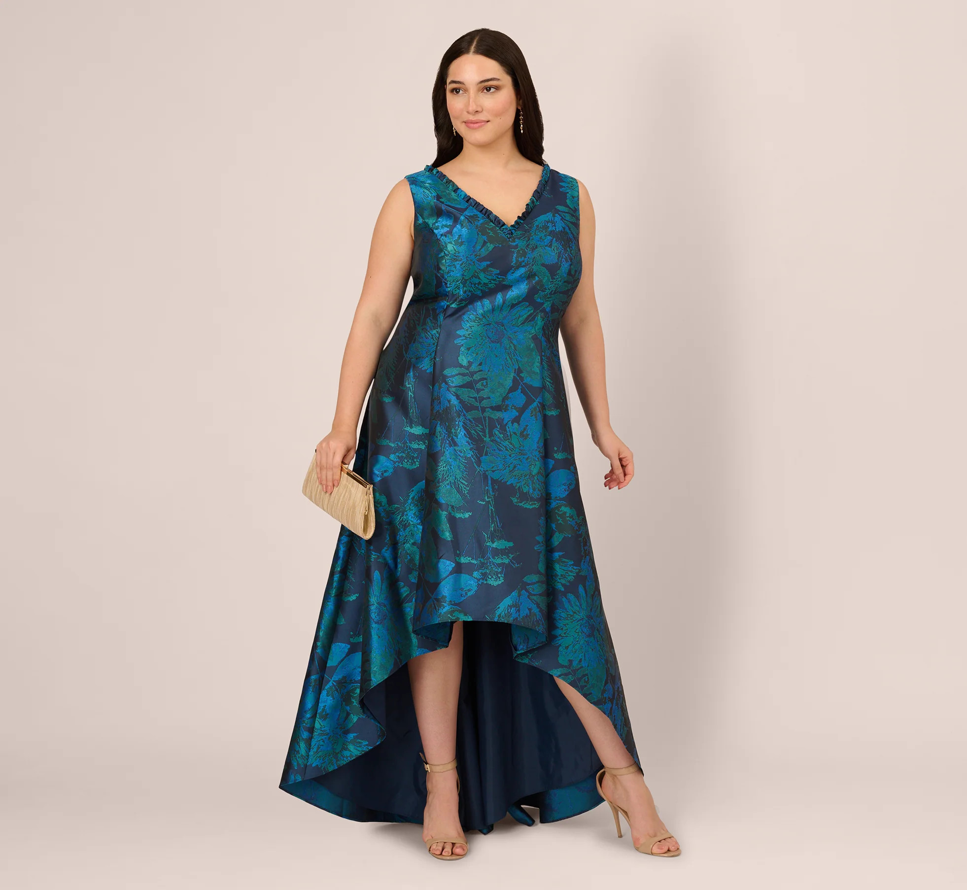Plus Size Ruffle Floral Jacquard High Low Gown In Cobalt Multi | Adrianna Papell
