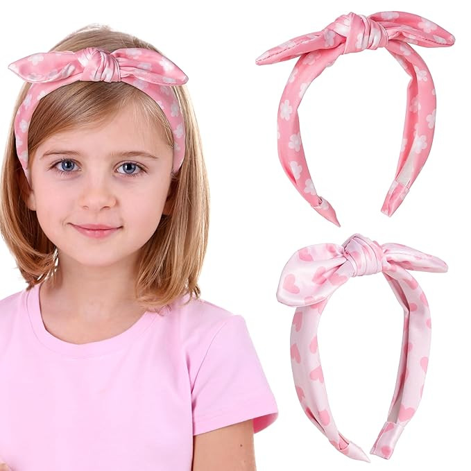 PANTIDE 2Pcs Bow Knotted Headband for Girls Kids - Floral Flower Heart Headband Thin Top Knot Non... | Amazon (US)
