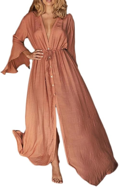 Bsubseach Women Sexy Lace Crochet Open Front Swimsuit Beach Long Kimono Cover Ups | Amazon (US)