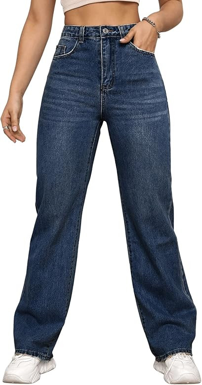 SweatyRocks Women's Casual High Waist Zip Up Mom Jeans Solid Straight Leg Denim Pants | Amazon (US)