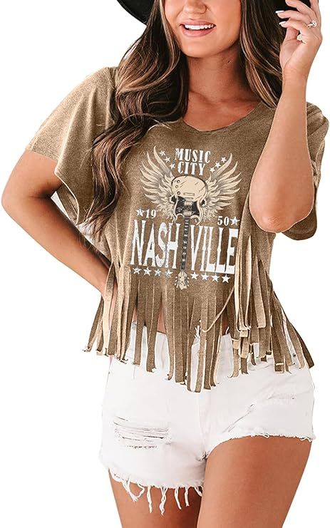 Women Graphic Tees Western Shirts Vintage Cowgirl Fringe Shirt Country Concert Tops Short Sleeve... | Amazon (US)