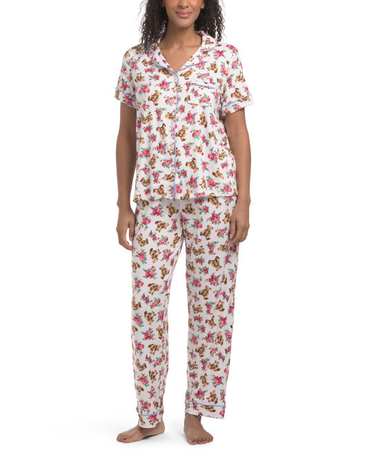 2pc Victorian Bear Short Sleeve Notch Collar Pajama Set | TJ Maxx