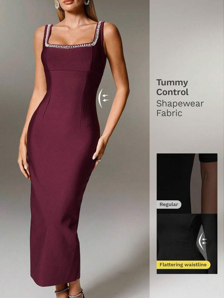 Nuvra Slim Fit Solid Color Elegant Long Dress, Pearl Embellished Bodycon Dress | SHEIN