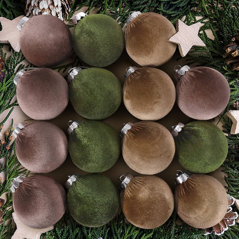 Christmas Ornaments,15 Pcs Velvet Ornaments for Christmas Tree Brown Green Shatterproof Xmas Bulb... | Amazon (US)