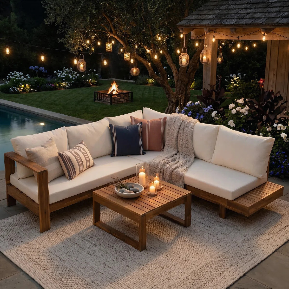 Abdel 82'' Wide L-Shaped Acacia Patio Sectional with Cushions | Wayfair North America