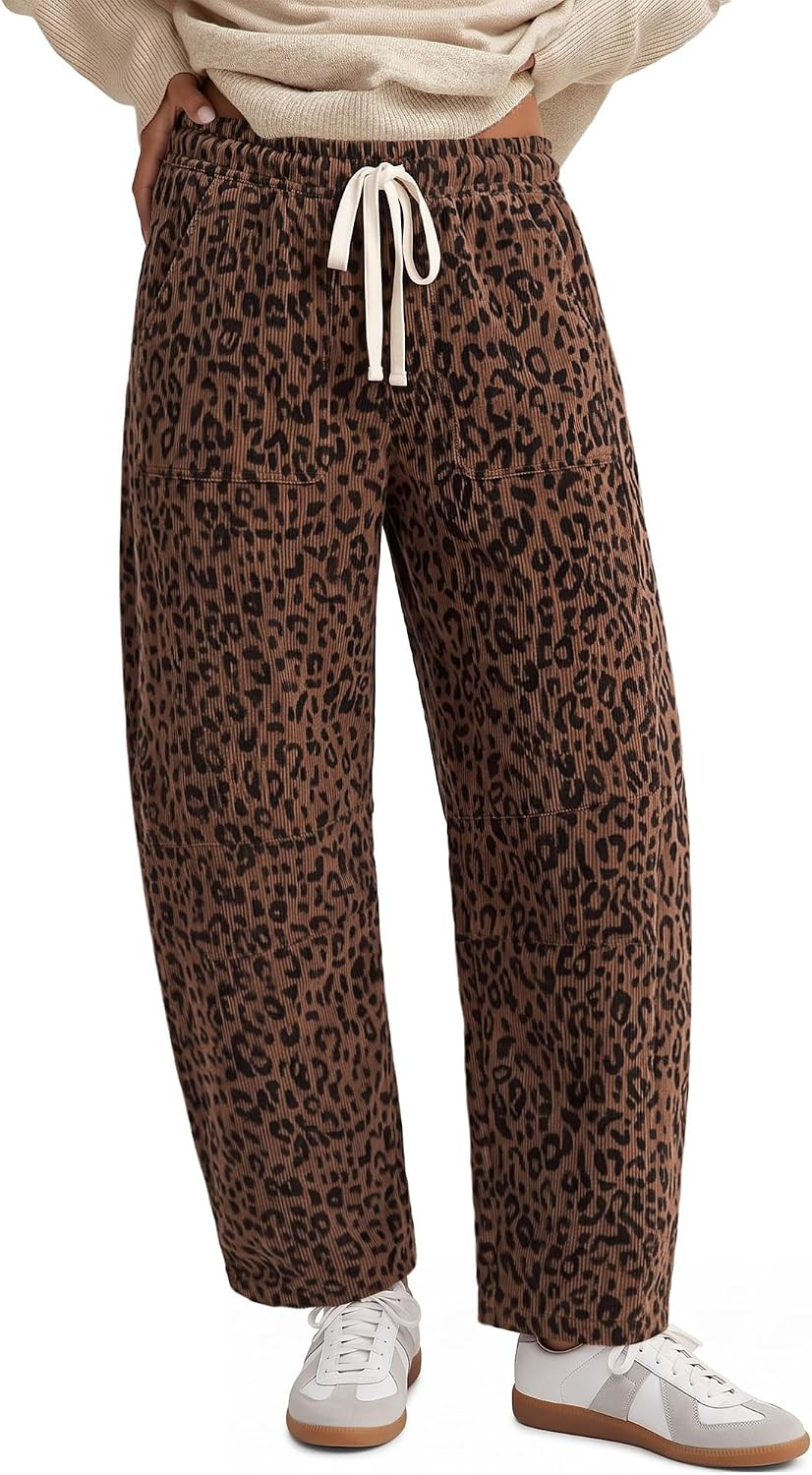 GRAPENT Womens Barrel Corduroy Pants Leopard Cheetah Elastic Waist Trousers | Amazon (US)