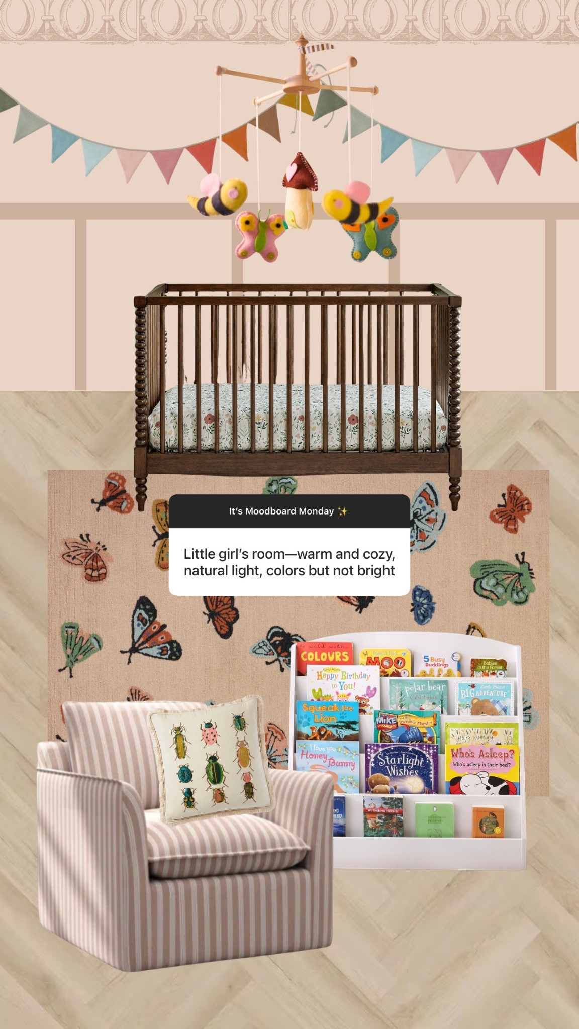 A cozy warm moodboard for a little girls room! 

Bug and butterfly kids room, crib, rug, bunting flag, mobile, bookshelf, girls room, pink room

#LTKFamily #LTKHome #LTKKids
