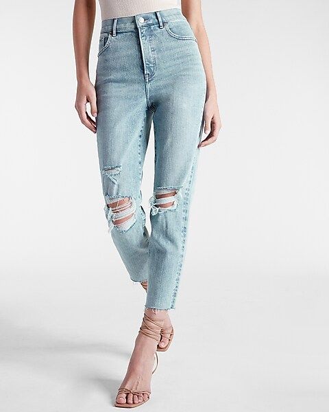 Super High Waisted Ripped Raw Hem Mom Jeans | Express