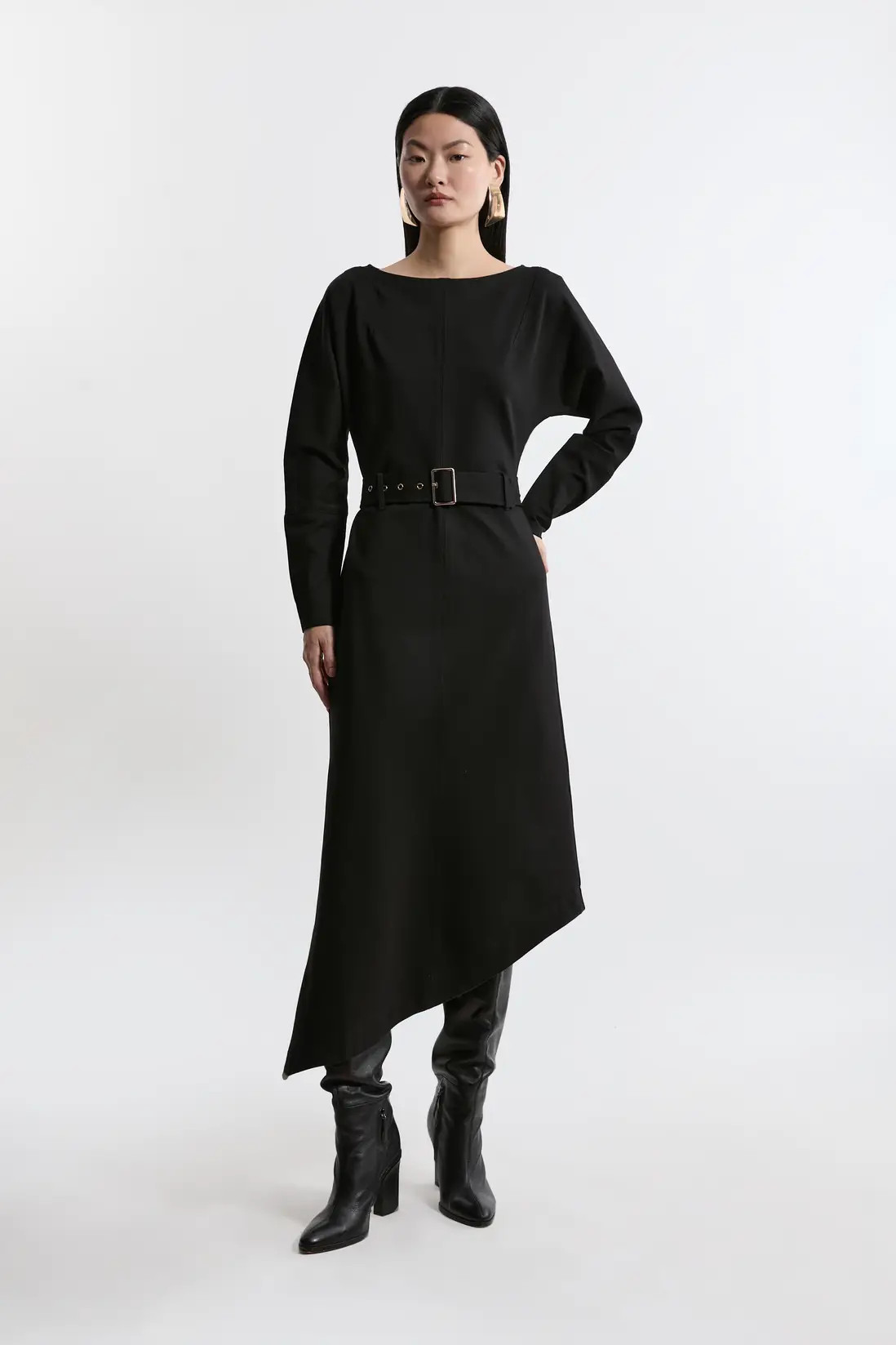 Dresses | Waterfall Hem Belted Ponte Jersey Maxi Dress | KarenMillen | Karen Millen US