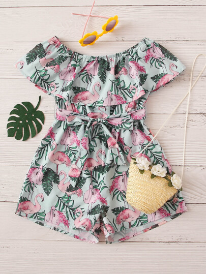 SHEIN Girls Flounce Belted Flamingo & Jungle Leaf Romper | SHEIN