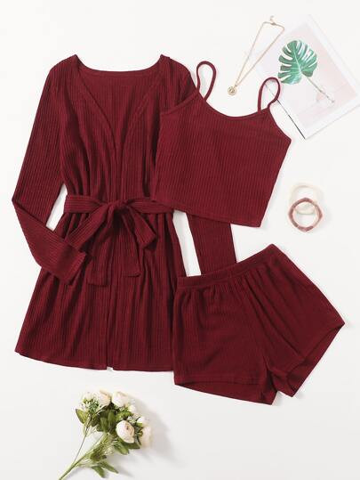 3 Pack Rib-knit Belted Robe Set | SHEIN