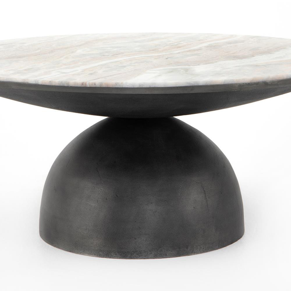 Malia Industrial Loft Beige Marble Top Aluminum Round Coffee Table | Kathy Kuo Home