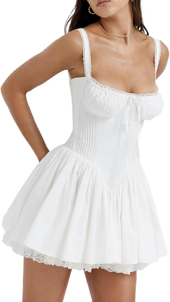 Women's Square Neck Spaghetti Strap Lace Dress Corset Top A-Line Flare Dresses Party Club Cocktai... | Amazon (US)