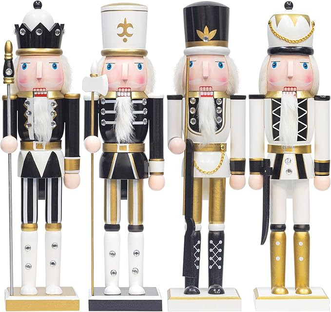 KI Store Black and White Christmas Nutcracker 15-Inch Set of 4 Wooden King and Soldier Nutcracker... | Amazon (US)