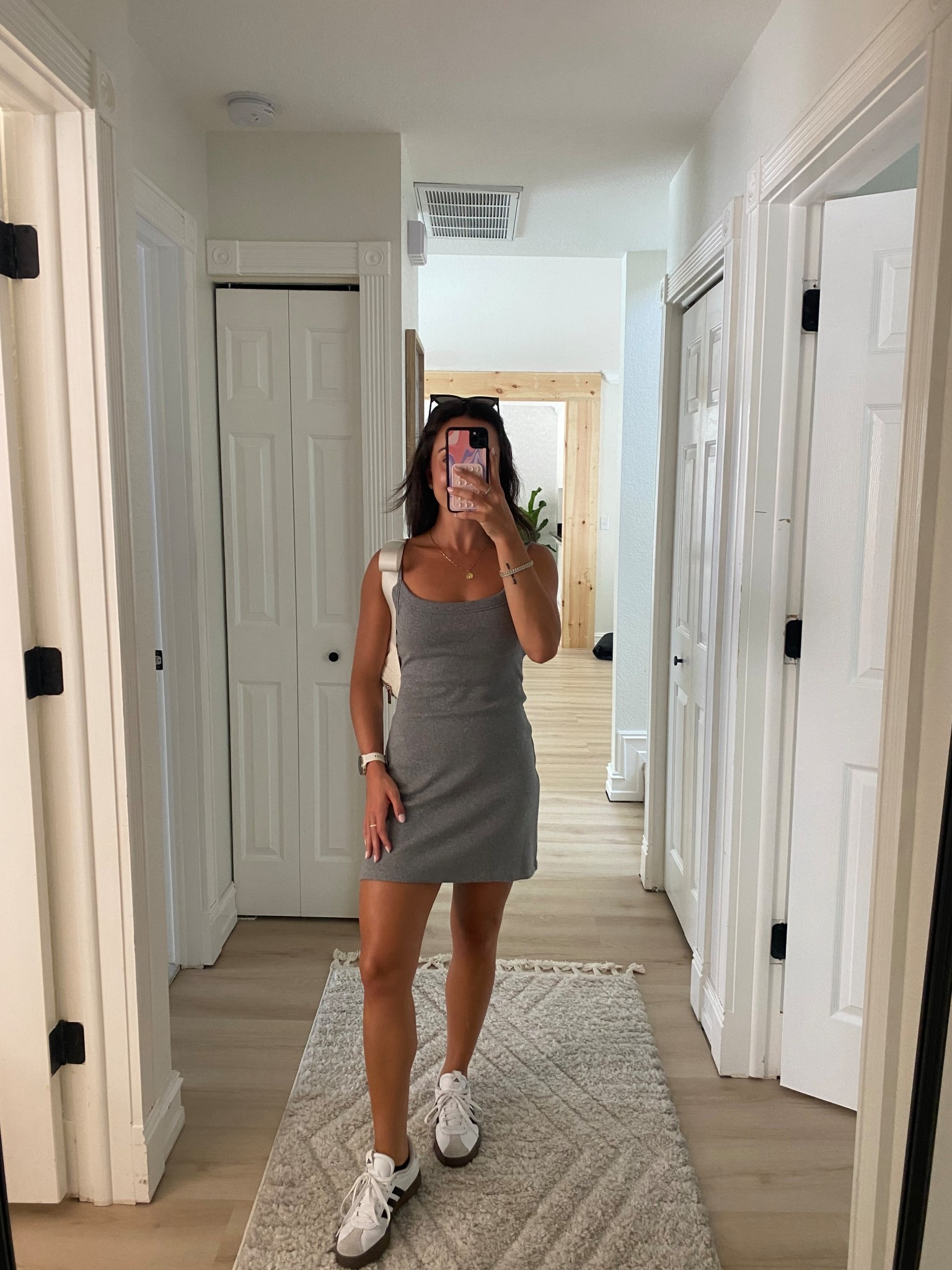 Bra free mini dress from Abercrombie! Ribbed dress, mini dress, summer outfit, gray dress, travel outfit, adidas samba, adidas court sneaker, summer style 

#LTKStyleTip #LTKSaleAlert #LTKSeasonal