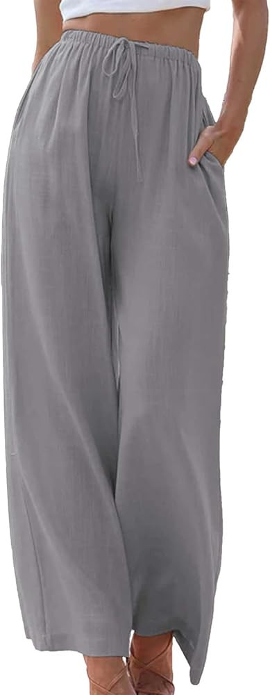 Duyang Womens Cotton Linen Palazzo Pants Drawstring Elastic Waist Casual Wide Leg Trousers with P... | Amazon (US)
