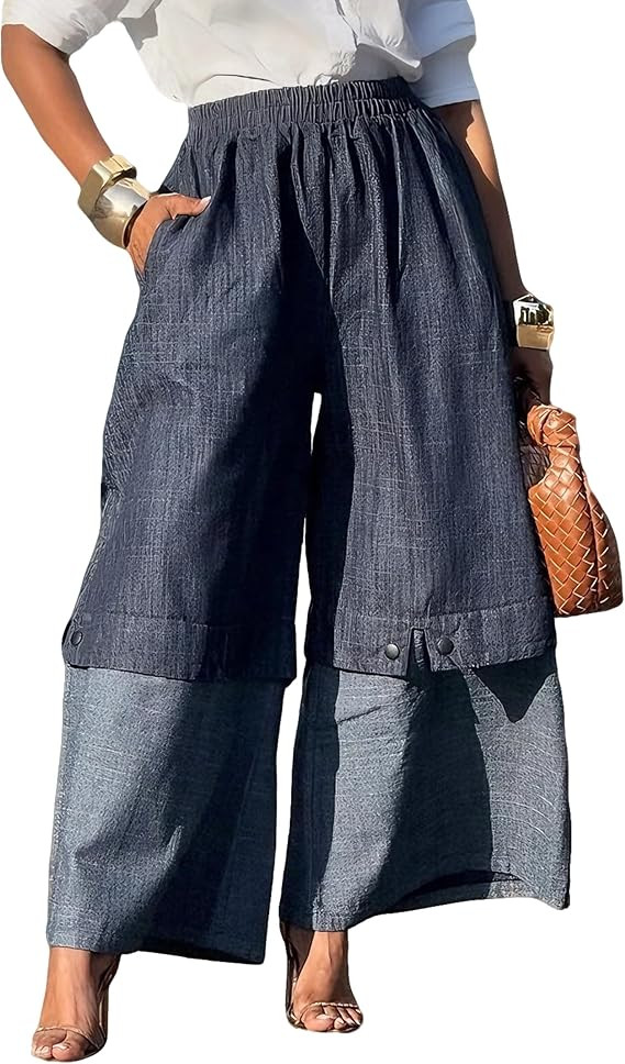 oshoplive Wide Leg Pants for Women Cotton Elastic High Waisted Patchwork Palazzo Trousers with Po... | Amazon (US)