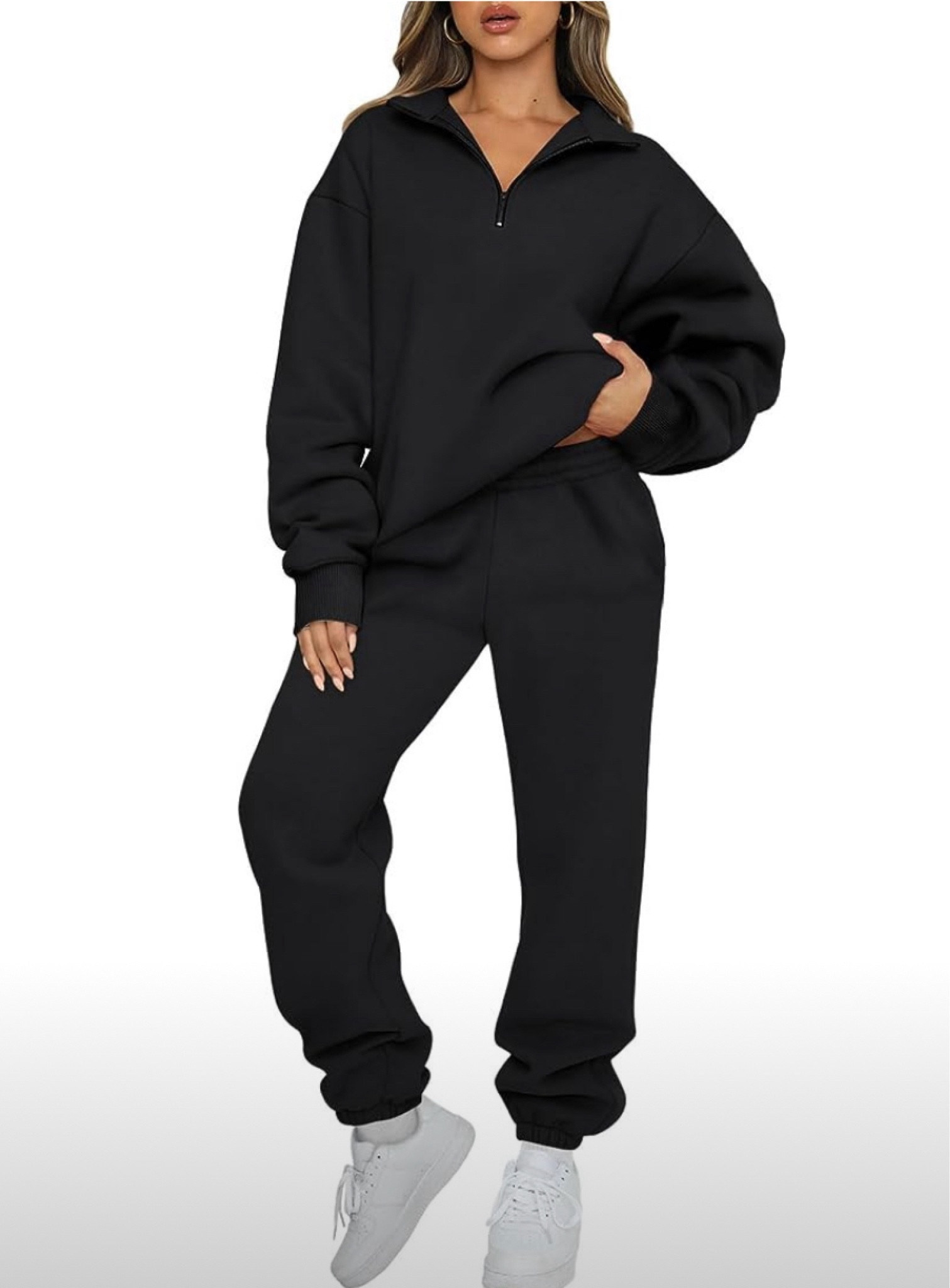 One of my favorite jogger sets from Amazon. It feels high end and the fabric is nice and thick. I have a small. I’d say it runs TTS but it’s oversized so if you want it a tad more snug than the oversized look than I’d suggest sizing down. 🖤

#LTKstyletip #LTKfindsunder50 #LTKMostLoved