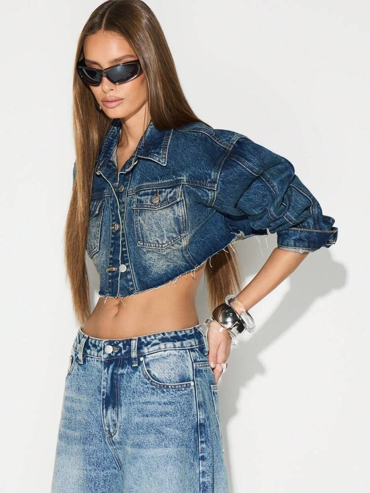 KIZN Cropped Denim Jacket With Frayed Hem Distressed Button Front Classic Collar | SHEIN