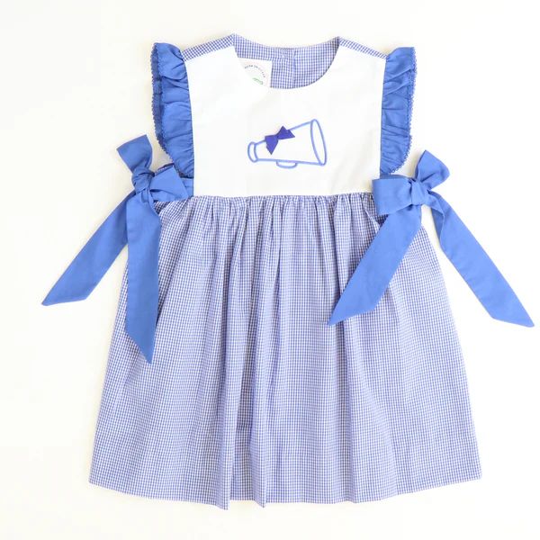 Embroidered Game Day Bow Dress - Royal Blue Check | Southern Smocked Co.
