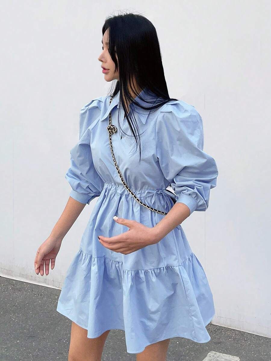 DAZY Solid Puff Sleeve Ruffle Hem Shirt Dress | SHEIN