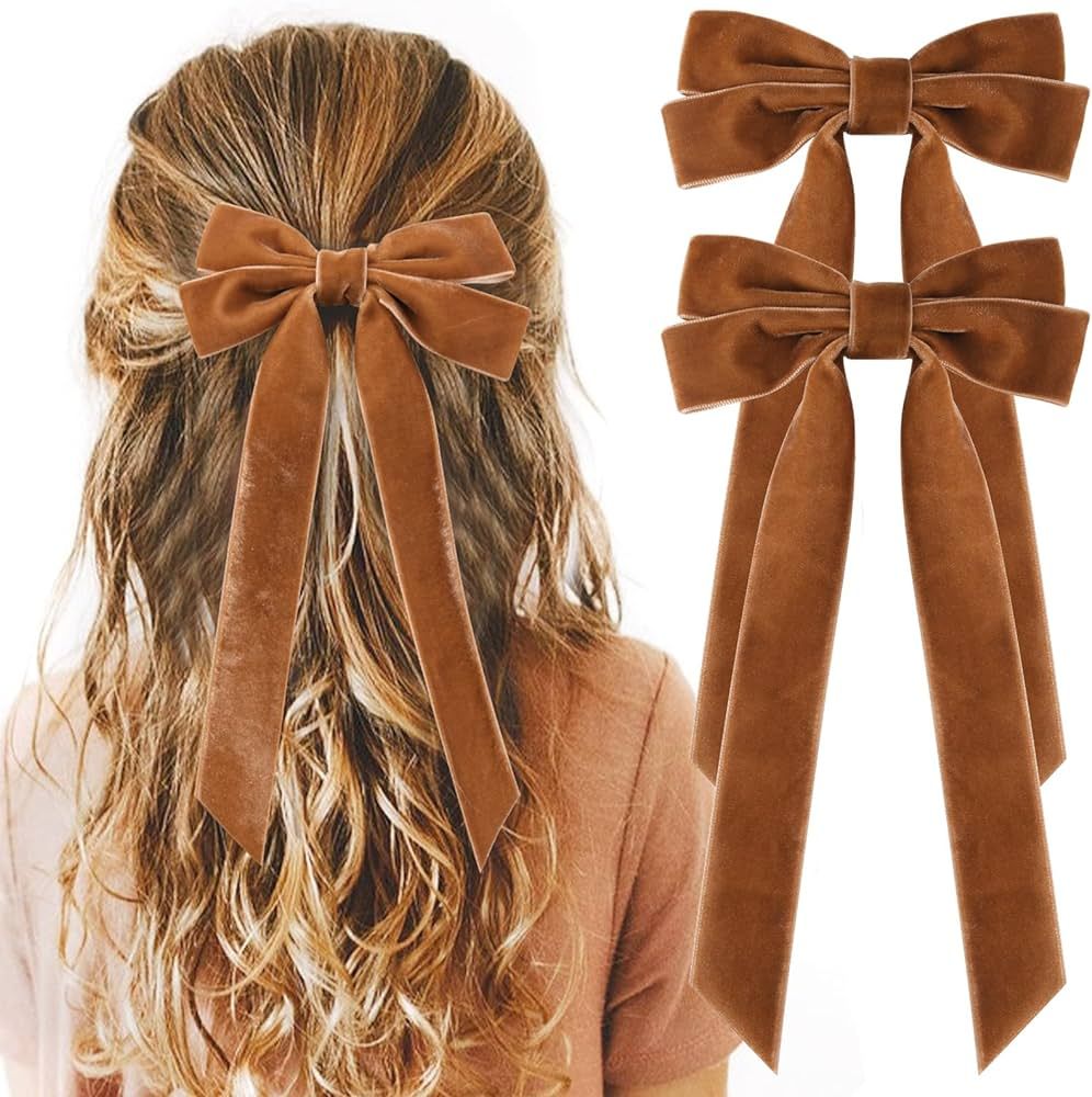 2PCS Velvet Hair Bows Brown Hair Ribbon Clips Big Fall Alligator Clips Hair Accessories for Women... | Amazon (US)
