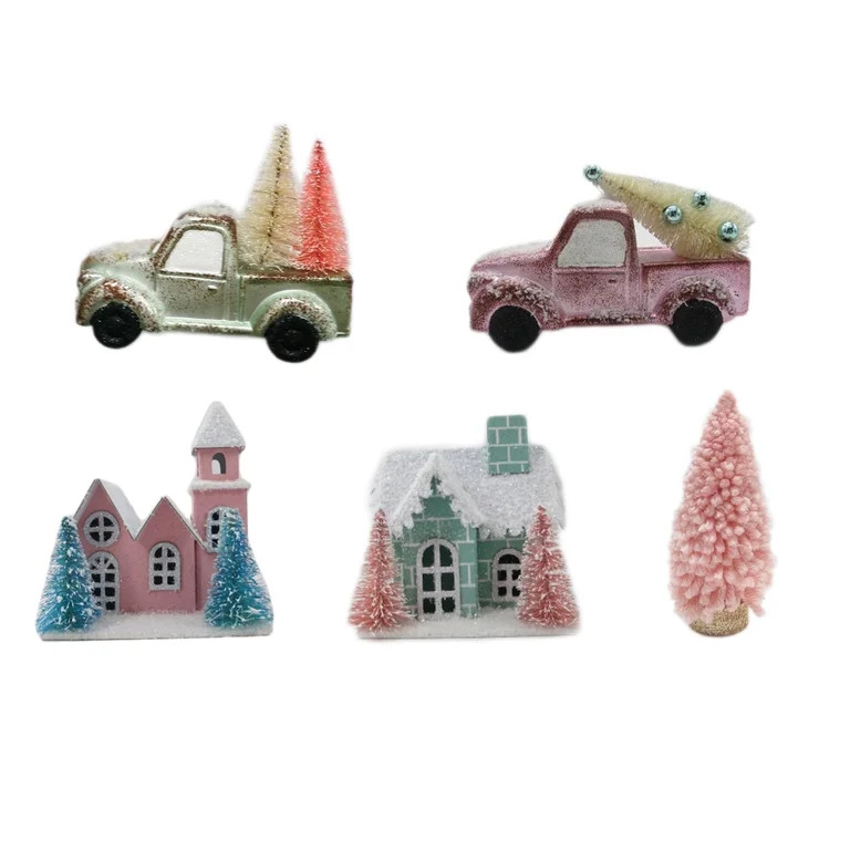 Holiday Time Pick-up Truck, Pastel Church, Pastel House & Yarn Tree Christmas Tree Ornaments, 5 C... | Walmart (US)