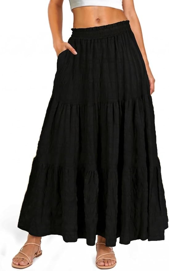 Women’s Boho Maxi Skirt Elastic High Waist A Line Flowy Ruffle Spring Beach Long Skirt with Poc... | Amazon (US)