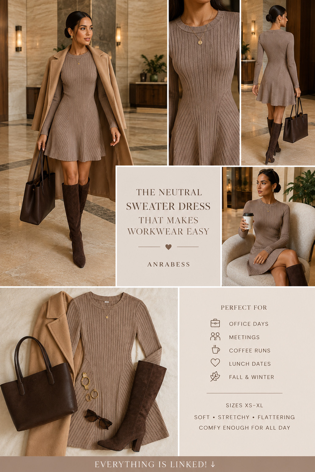 The ANRABESS sweater dress that makes fall workwear feel effortless. 🤎✨

This neutral taupe ANRABESS long-sleeve mini sweater dress is the one-and-done office outfit you’ll reach for all season. 

The soft ribbed knit, fitted waist, and flared A-line silhouette create such a flattering shape while still feeling stretchy and comfortable enough for a full workday.

Style this fall sweater dress with chocolate-brown knee-high boots, a camel coat, gold jewelry, and a structured tote for an elevated business-casual outfit that looks polished without feeling overly formal. 

The rich neutral color makes it easy to rewear with black, cream, cognac, and other fall wardrobe staples.

Perfect for office days, meetings, teacher outfits, work events, coffee dates, lunch plans, business travel, Thanksgiving, and everyday fall or winter outfits. 

It’s professional enough for work, comfortable enough for all-day wear, and easy to take from desk to dinner.

📌 SAVE this flattering neutral workwear dress before sweater-dress season!

Everything is linked! ↓

#LTKSaleAlert #LTKWorkwear #LTKTravel