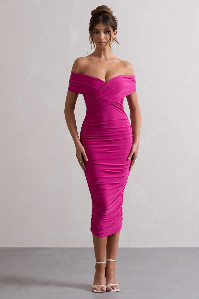 Unwrapped  Dark Pink Ruched Twist Bardot Midi Dress | Club L London
