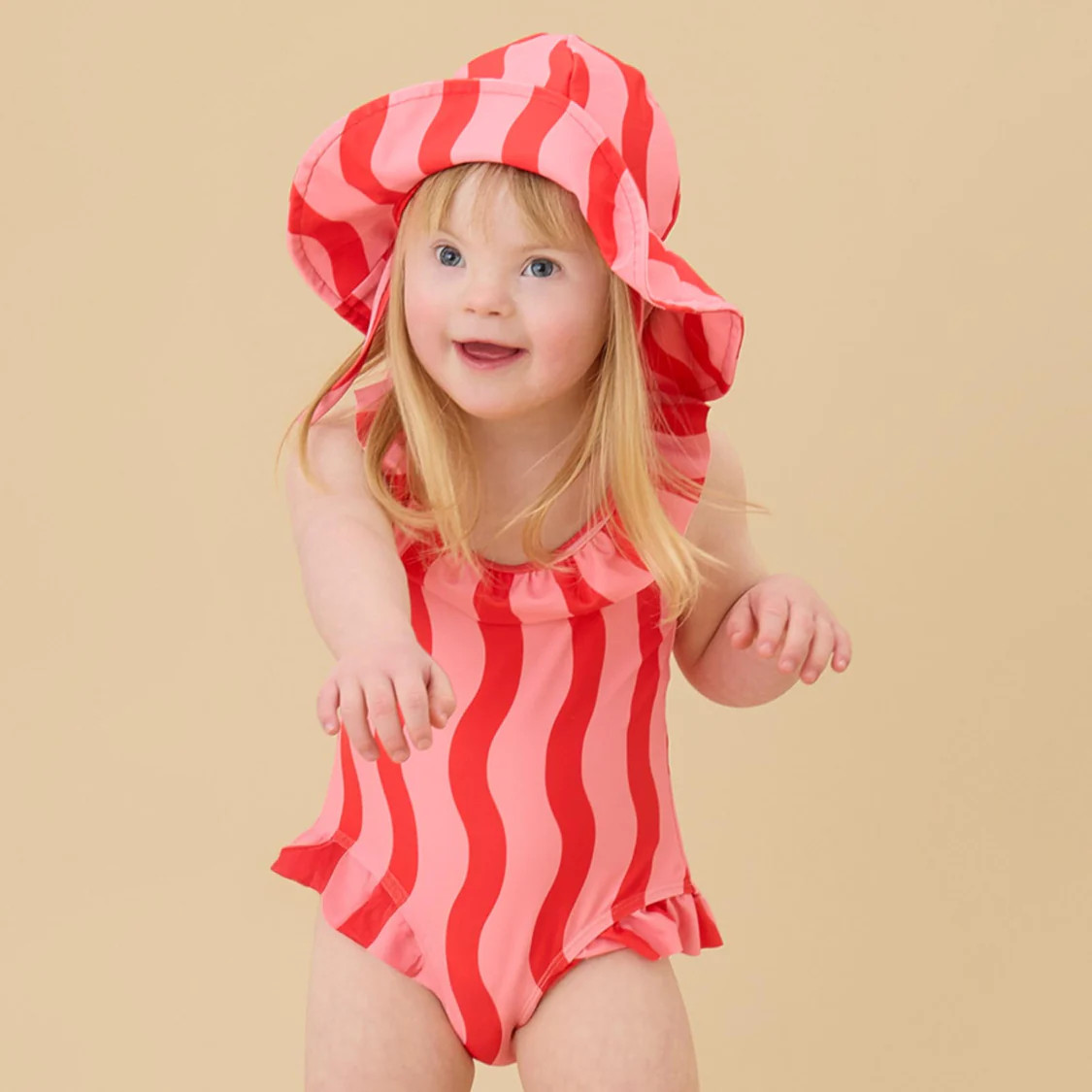 KIDLY by MORI Frill Swimsuit - Orange Wavy Stripe | Baby Mori (US)