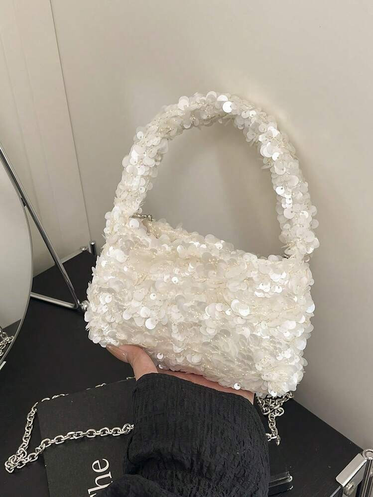 Versatile Mini Sequin Party Wristlet, Fashion Chain Shoulder Bag, Beaded Crossbody Bag, Evening Clutch, Chain Shoulder Bag, Handbag In Elegant White | SHEIN