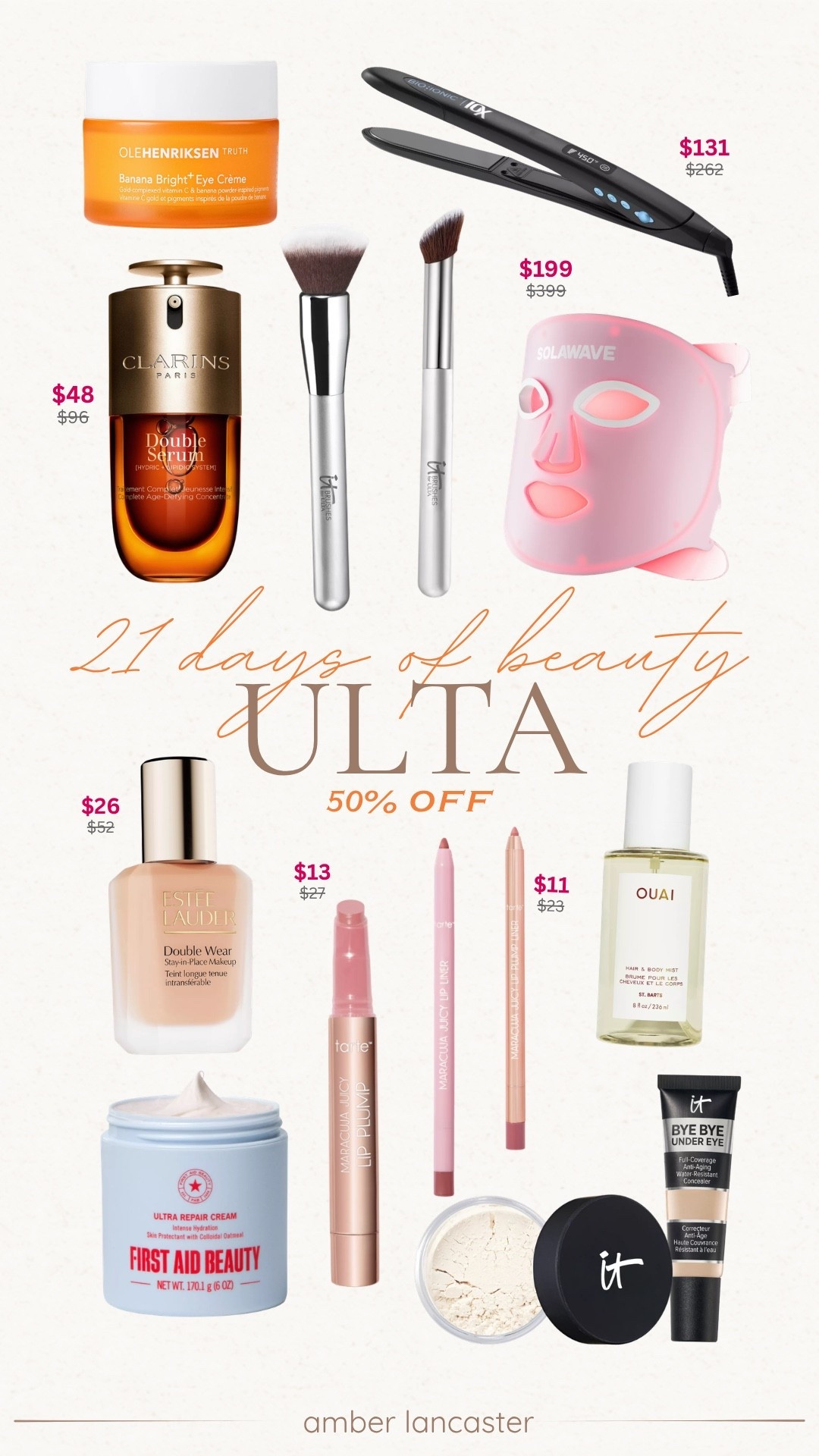 Ulta 21 Days of Beauty Sale! 50% off these beauty steals today! Some really good ones today including Tarte’s Maracuja Lip line and the Clarins Double Serum! |
ulta, ulta beauty, ulta sale, ulta 21 days of beauty sale, sale alert, beauty sale, ulta beauty steals, ulta daily deals, tarte, tarte lip, estée lauder foundation, clarins double serum, makeup brushes, it makeup brushes, it cosmetics, bio ionic style tool, solawave, red light mask, red light therapy.

#LTKSaleAlert #LTKBeauty #LTKSeasonal