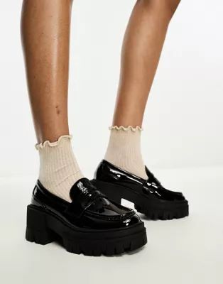 ASOS DESIGN Script chunky mid heeled loafers in black patent | ASOS (Global)